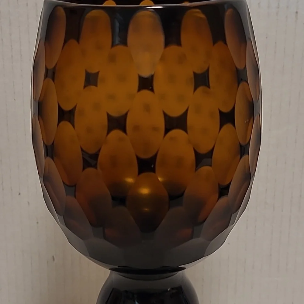 Vintage Murano Style Black Cut to Amber Vase / Candle Holder